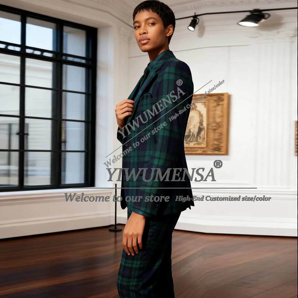 Costume à carreaux bleu marine pour femmes, ensemble 3 pièces, blazer à simple boutonnage, robe de mère de la mariée personnalisée, tenue de fête d'affaires