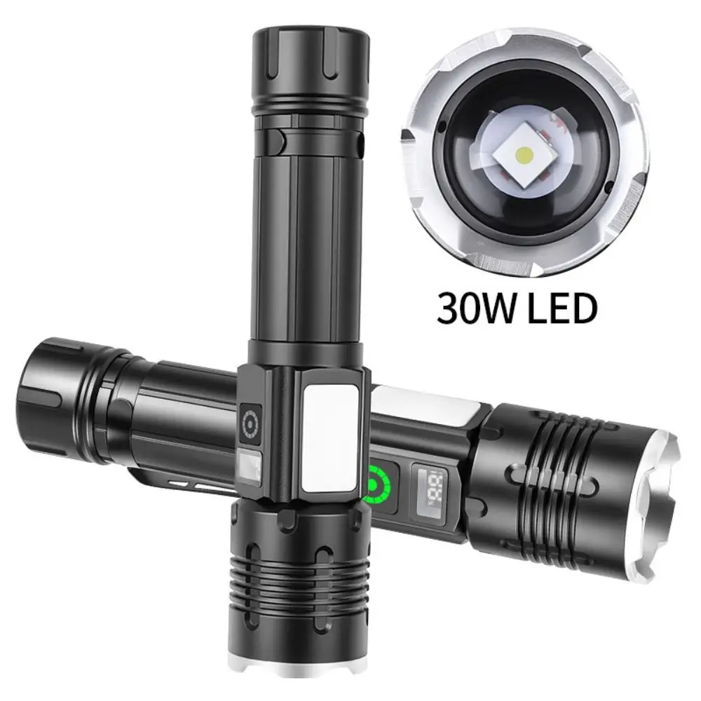 

30W Powerful LED Flashlight TYPE-C Charging Ultra Bright Telescopic Zoom Light Long Range Waterproof Outdoor Emergency Light