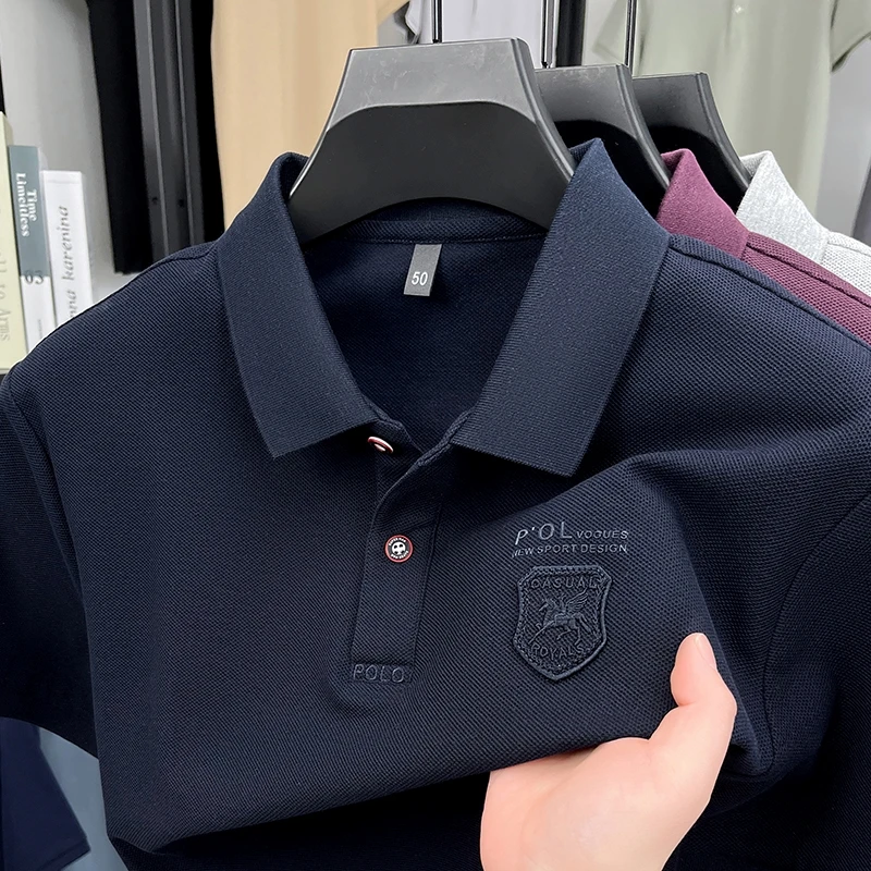 

High end brand 100% cotton men's short sleeve polo shirt solid color badge embroidery lightweight soft comfort summer T-shirt