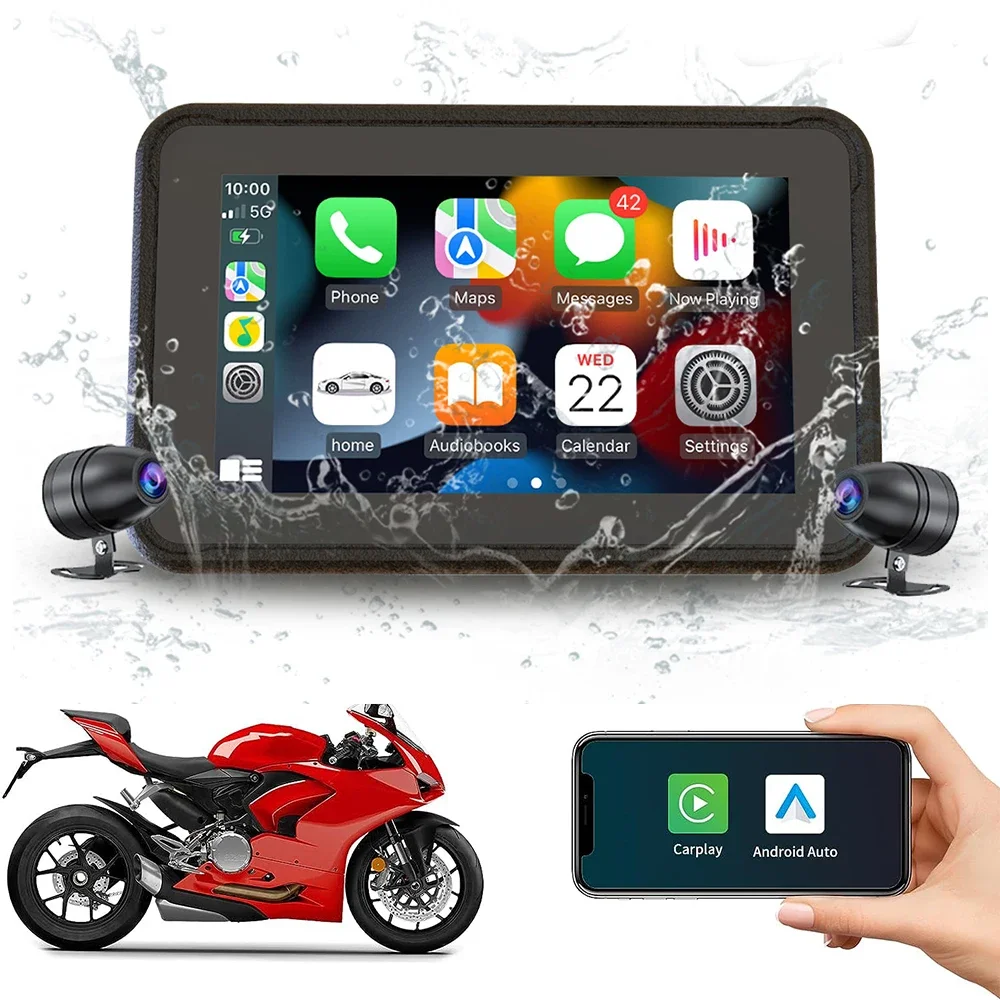 5 inch Motorcycle Navigation GPS Wireless Carplay Android Auto Screen IPX7 Motorcycle Camera DVR Accessory