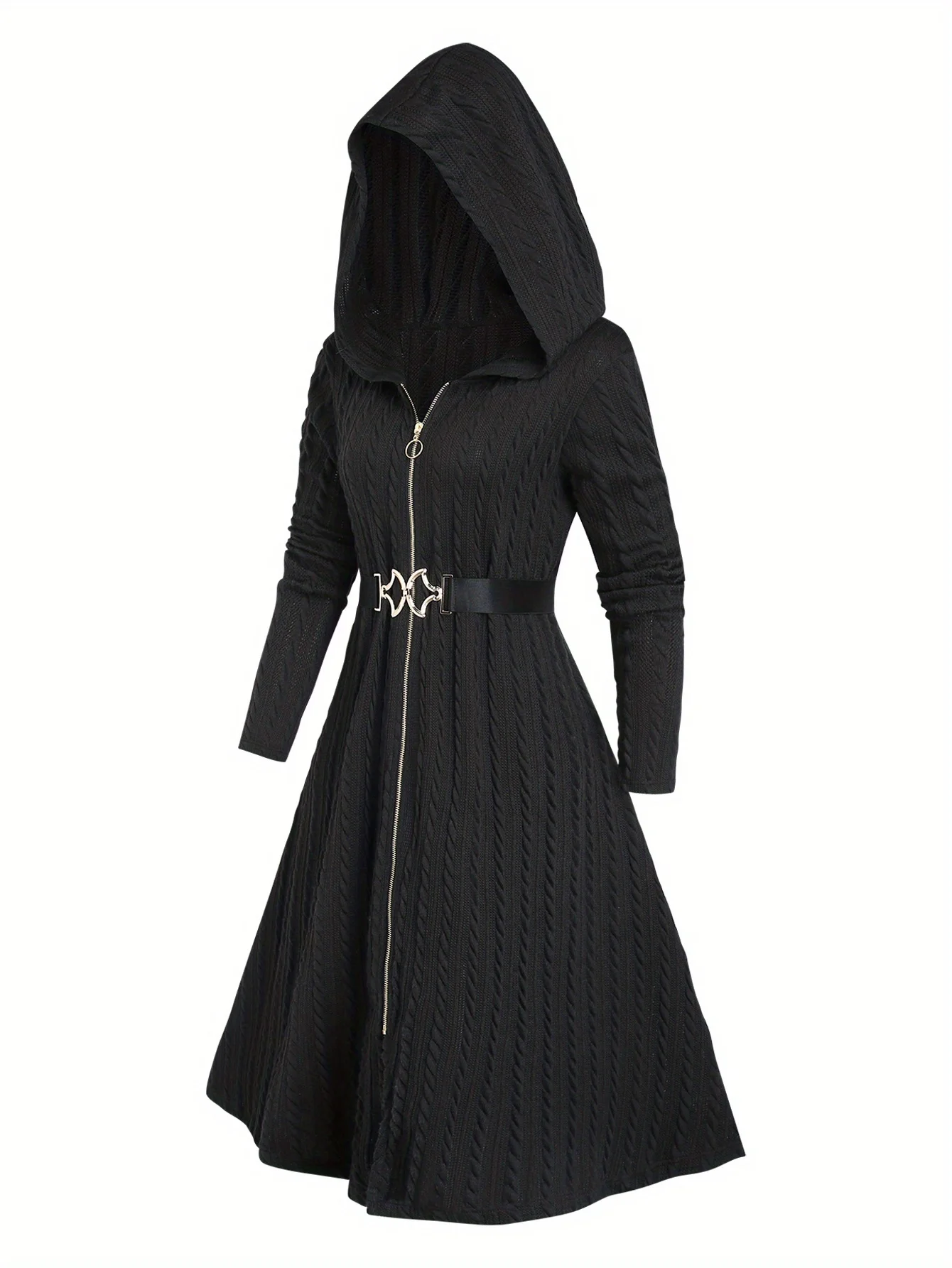 معطف نسائي أوروبي وأمريكي كبير الحجم بسحاب كامل محبوك بلون سادة مع غطاء للرأس وأكمام طويلة مع مروحة- #3