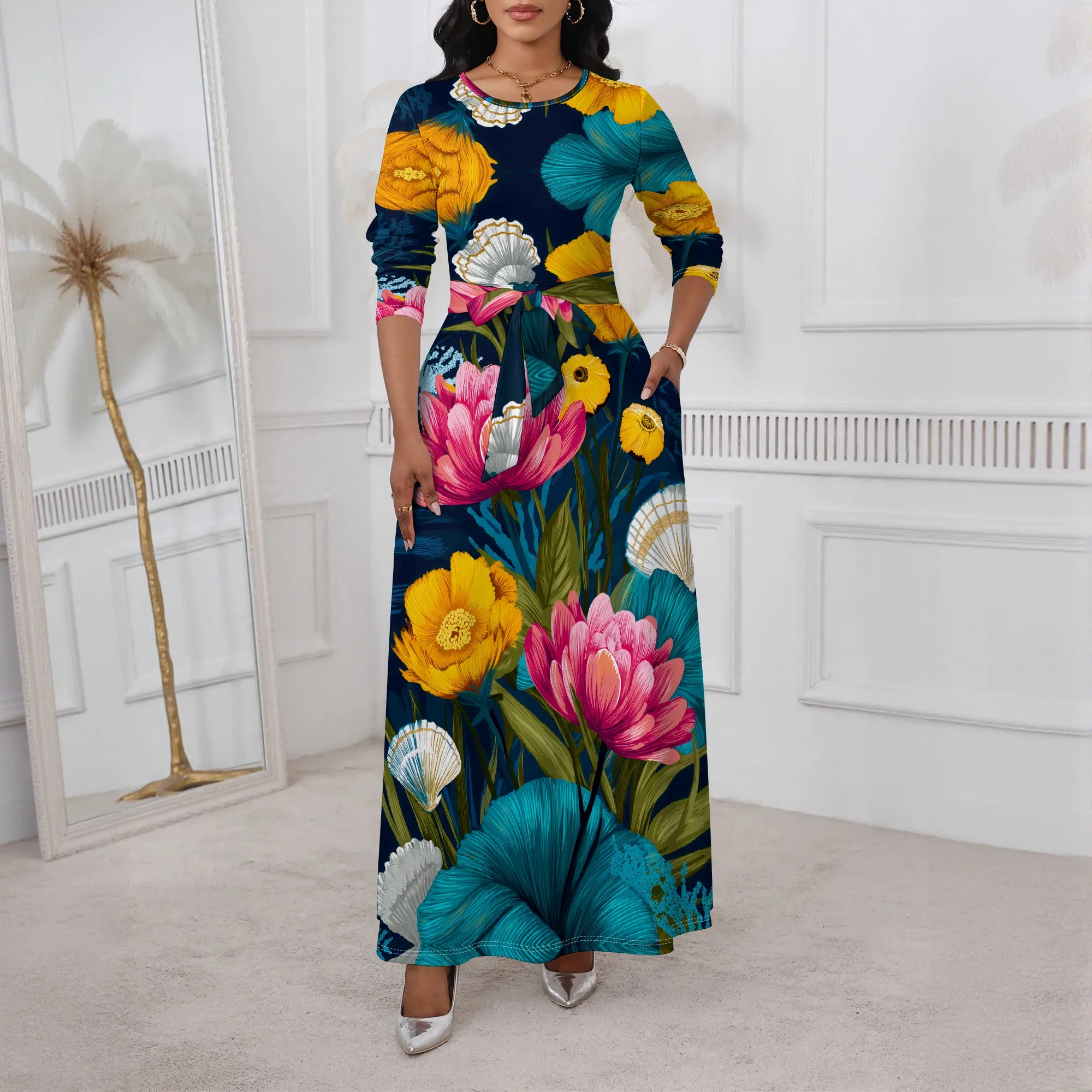 

Bold Floral Maxi Dress XS-3XL Long Sleeve Belted Crew Neck Style for Mother's Day, Art Gallery or Tropical Vacation Dinner Look