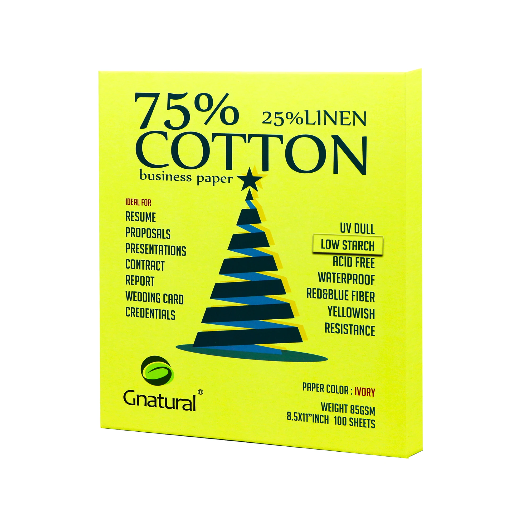 85gsm,US 75% cotton 25% linen paper,Letter size 216*279mm,Ivory color,Visible fiber,Low-Starch,Waterproof,100 sheets,MLYYT042
