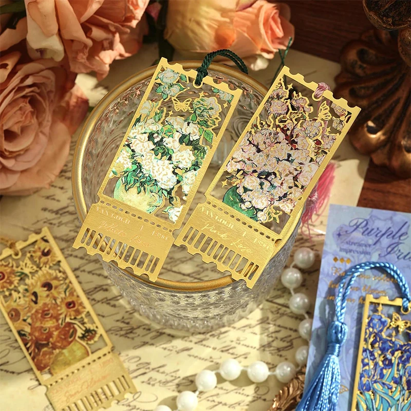 Metal Bookmark Oil Painting Flower Cutout Tassel Bookmark Reading Book Separator Reading Accessories Metal Book Point Teacher