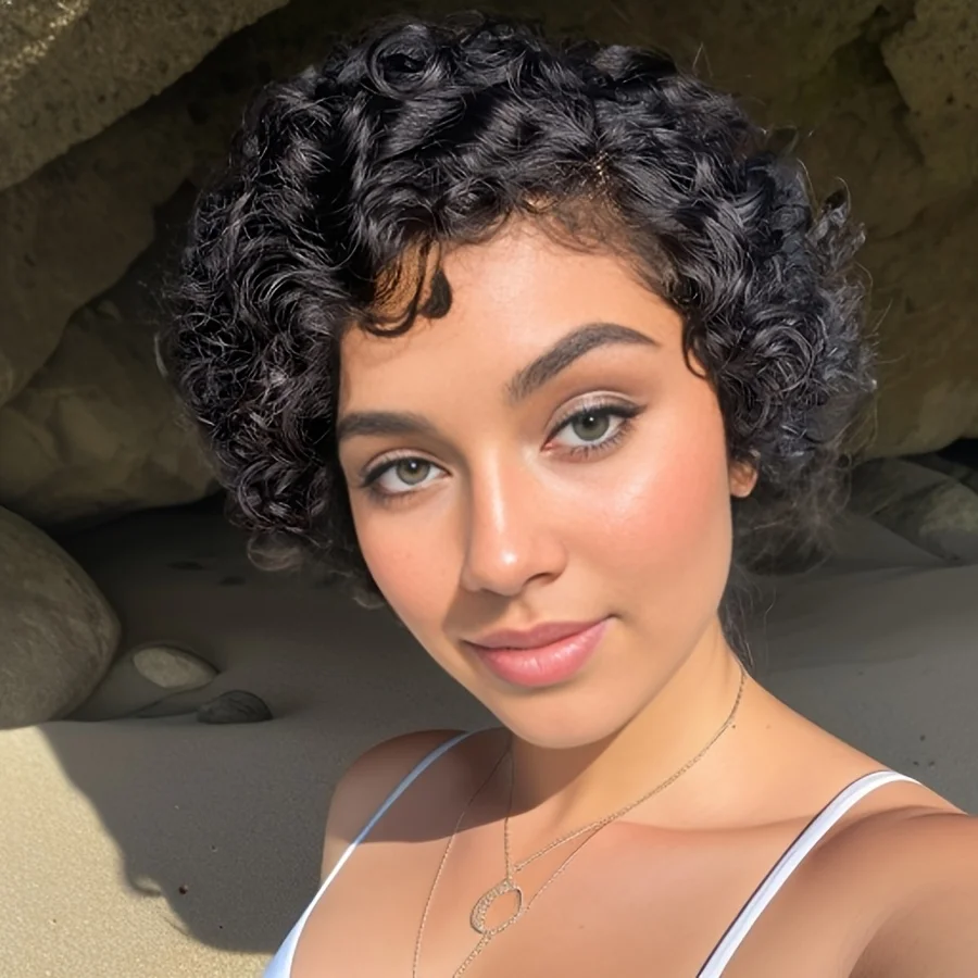 

13x1 Tpart lace short curly human hair wig 6inch 150% density black color daily party cosplay use remy hair wig for women