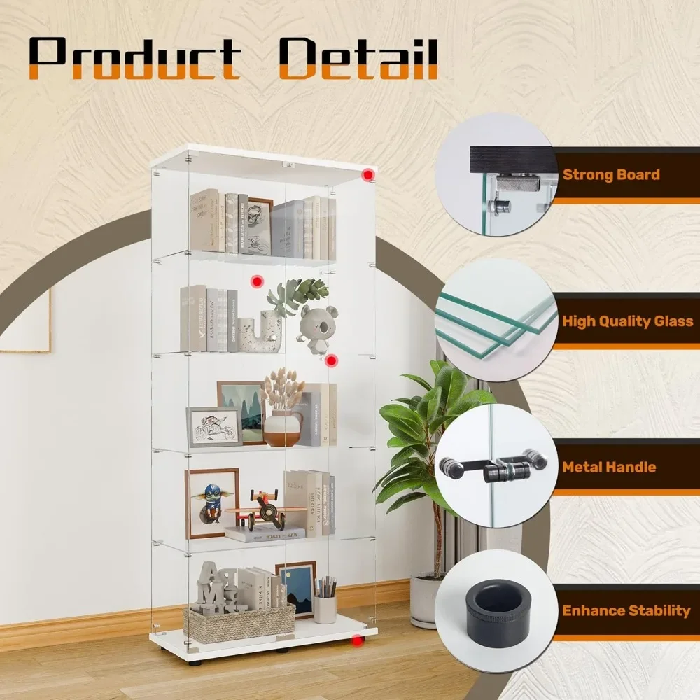 Glass Display Cabinet 5-Shelf , Curio Cabinets Upgraded Quick-Install Style Tempered Glass Floor Standing Bookshelf White