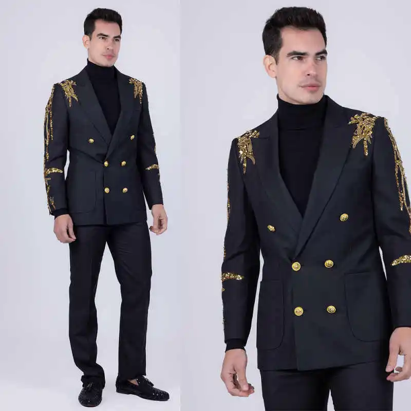 

Luxury Men Suits Double Breasted Groom Prom Blazer Beads Sequins Wedding Tuxedos 2-Piece Party Male Business Customized