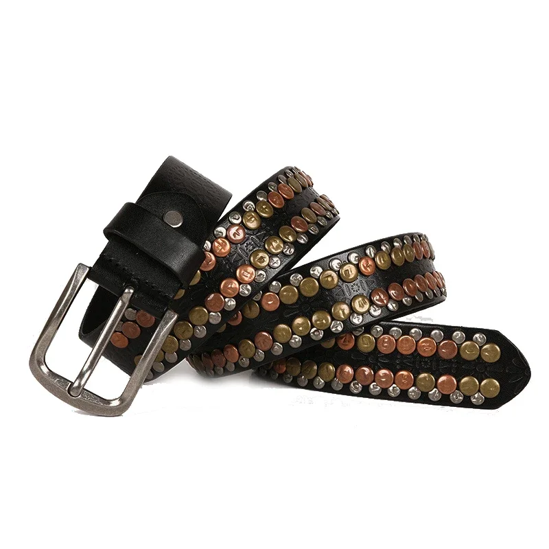 38-センチメートルヒップホップパンク男性女性ベルトラウンドリベット本物の本物の牛革ファッション男性カウボーイスタッズベルトロックウエストバンド-p78