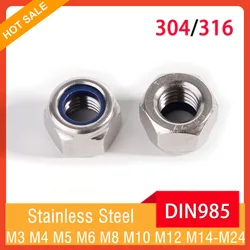 M3 M4 M5 M6 M8 M10 M12 M14 M16 M18 M20 M22 M24 DIN985 Hex Nylon Lock Nut 304/316 Stainless Steel Nylon Insert Self-lock Nuts
