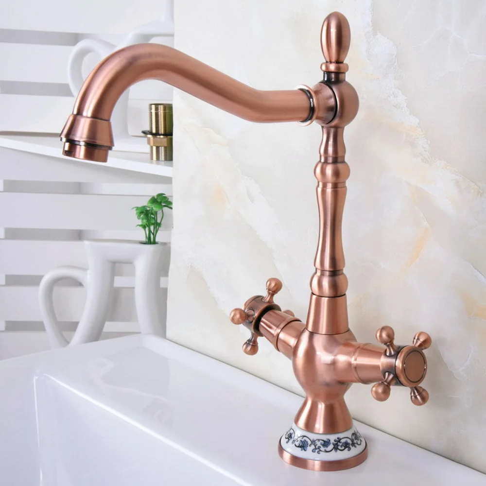 

Antique Red Copper Bathroom Basin Faucet Dual Handles Vanity Sink Mixer Tap Hot And Cold Water Bnf614