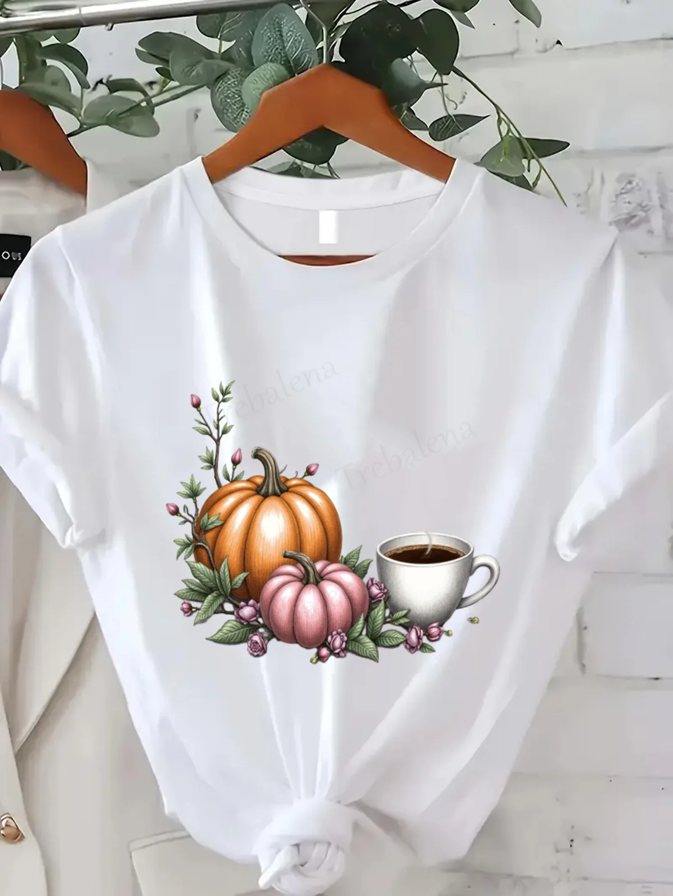 

Round Neck T-shirt Fall Pumpkin Coffee Women's Plus Size T-Shirt Autumn Floral Print Top Short Sleeve Tee Fashion Casual Top