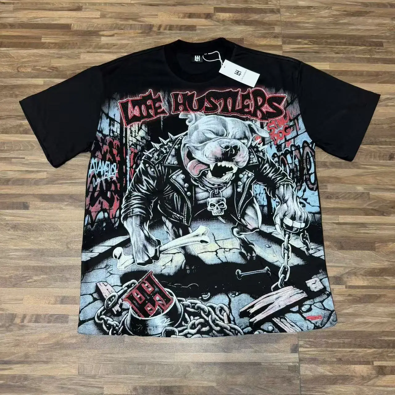 Life Hustlere Retro High Street Rhinestone Sand Dog Loose Fit Pure Cotton Short Sleeve T-Shirt Youth Fashion Streetwear