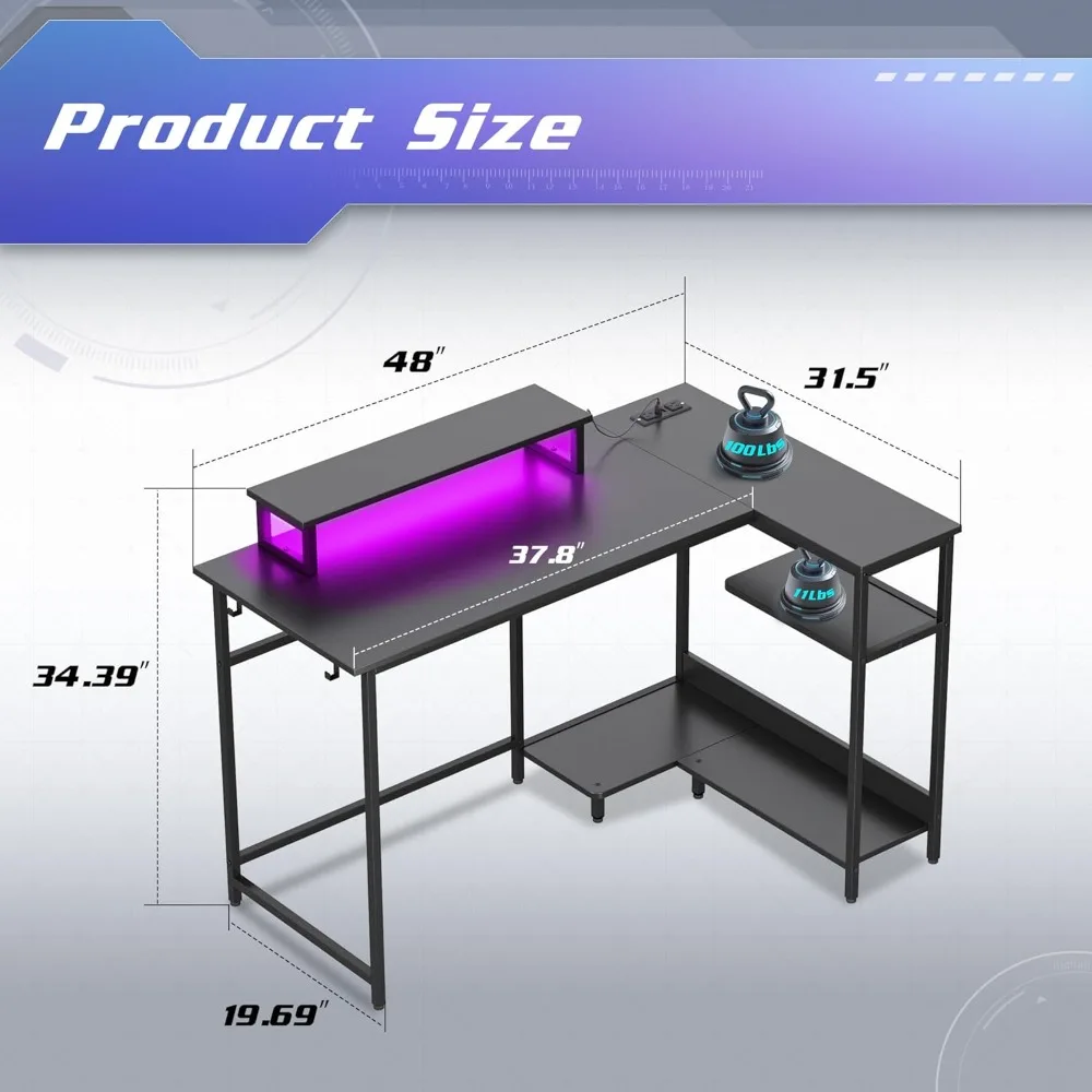 Escritorio para juegos en forma de L de 47 pulgadas con iluminación LED con tomas de corriente, escritorio esquinero para PC para espacios pequeños, mesa duradera para ordenador con Sp