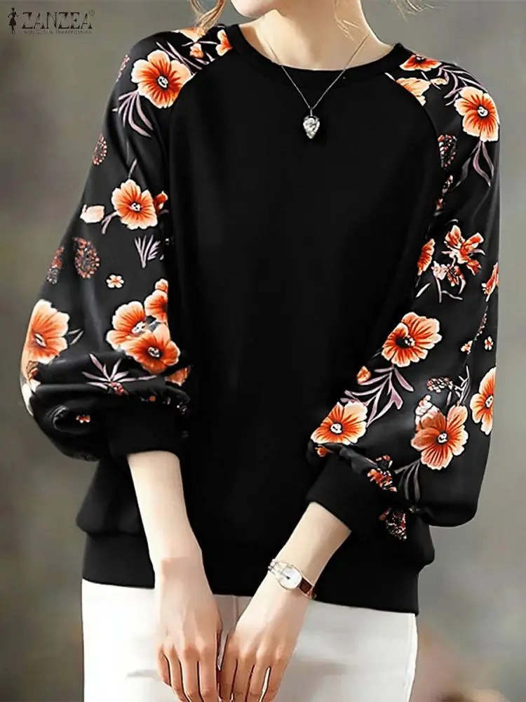 Stylish Women Sweatshirts ZANZEA 2025 Autumn Long Sleeve Floral Print Pullover O Neck Knitted Sweatshirt Patchwork Hoodies Tops