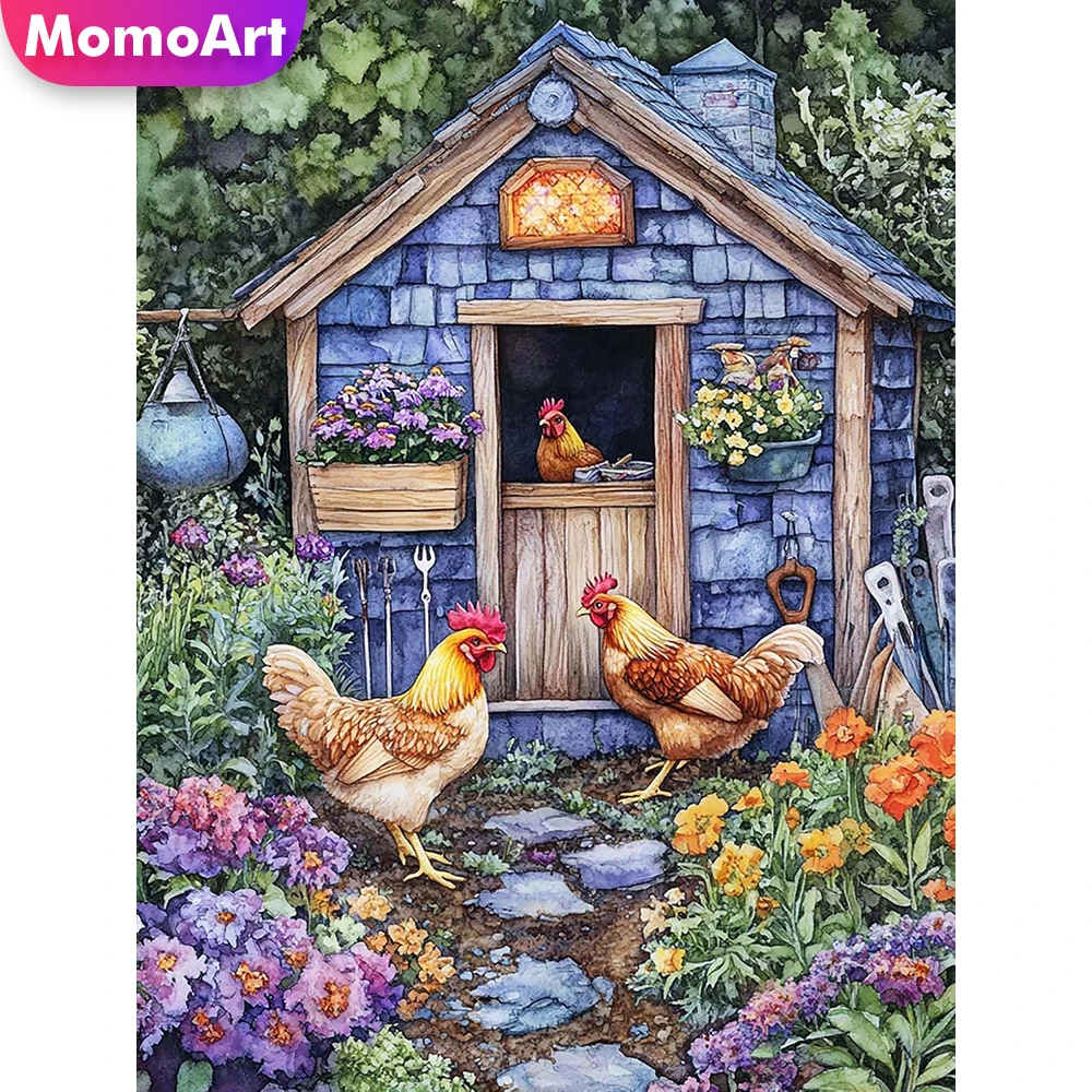 Momoart Diamant-Mosaik Hühnerhaus-Set, Diamantmalerei Landschaft DIY-Bild für Wohnzimmer, Heimdekoration, Einzigartiges Geschenk