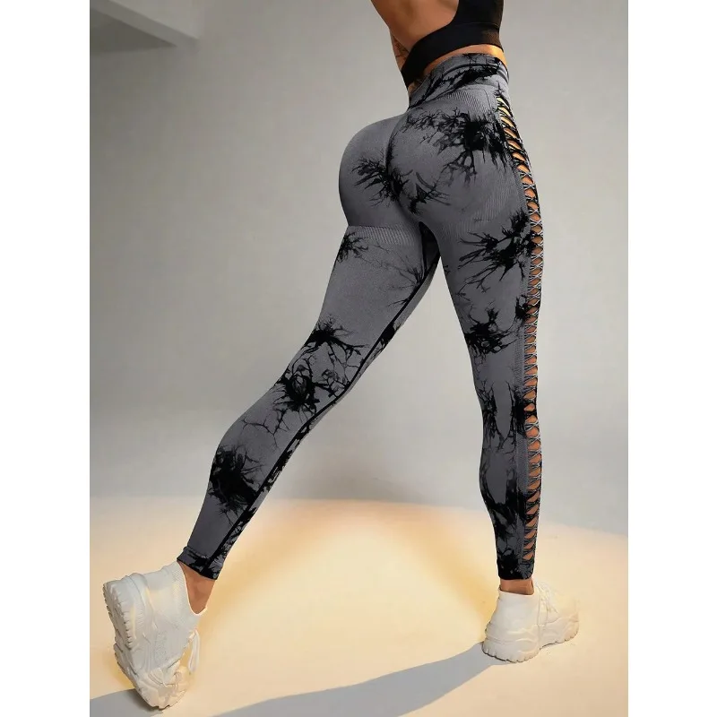 Women Tie Dye Hollow Out Leggings Sports Yoga Pants Fitness Sportswear Sexy High Waist Push Up Gym Tights Running Leggings