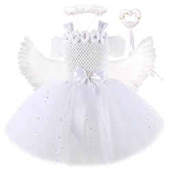 Sparkling White Angel Costumes for Girls Christmas Halloween Dress for Kids Flower Fairy Tutu Outfit with Wings Set Girl Clothes