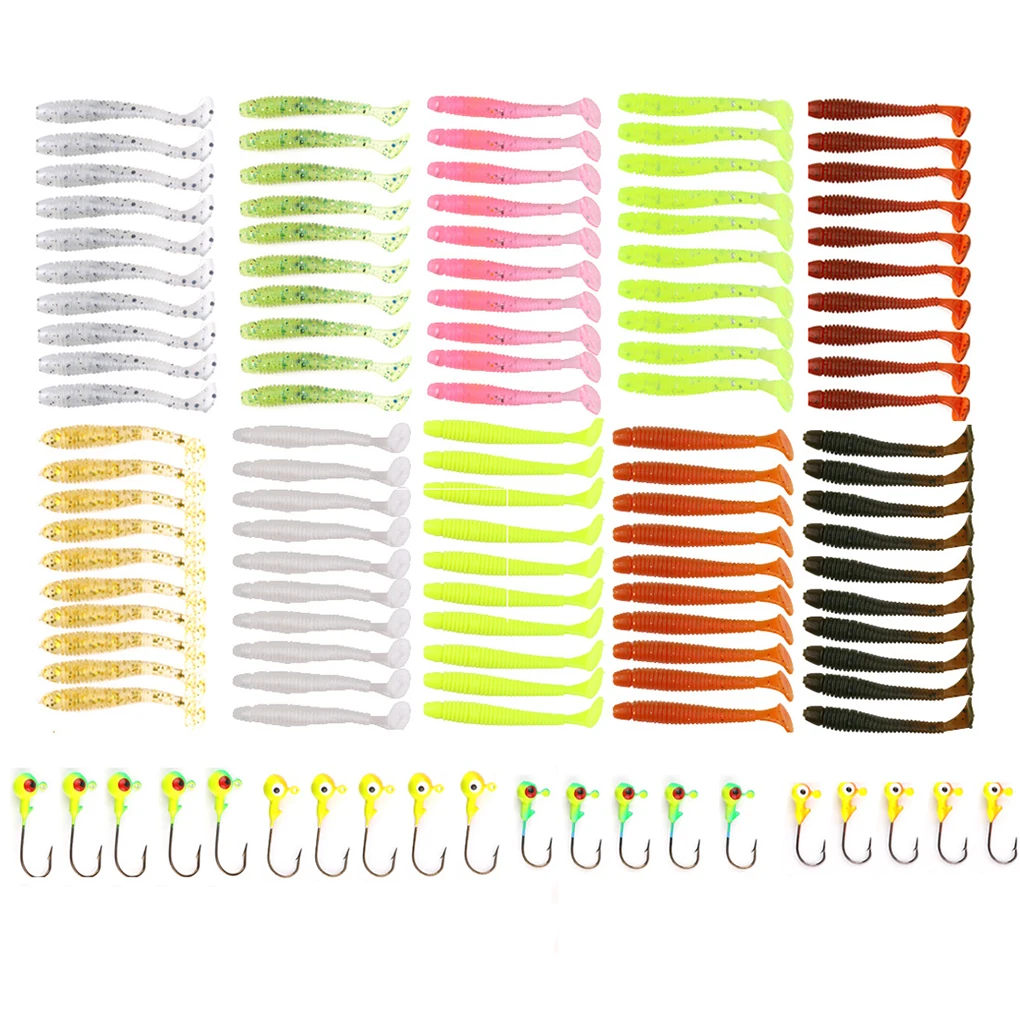 

120pcs Soft Fishing Lures and Hooks Set Plastic Grub Worm Wobblers Bait Fish Jigging Swimbait