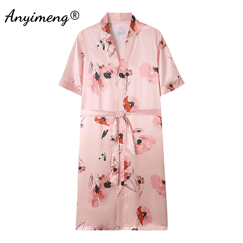 Floral Faux Silk Pijama Summer Nightwear Elegant Womem Silk Robes M-4XL Big Size Satin Robe Causal Short Sleeves Kimono Bathrobe