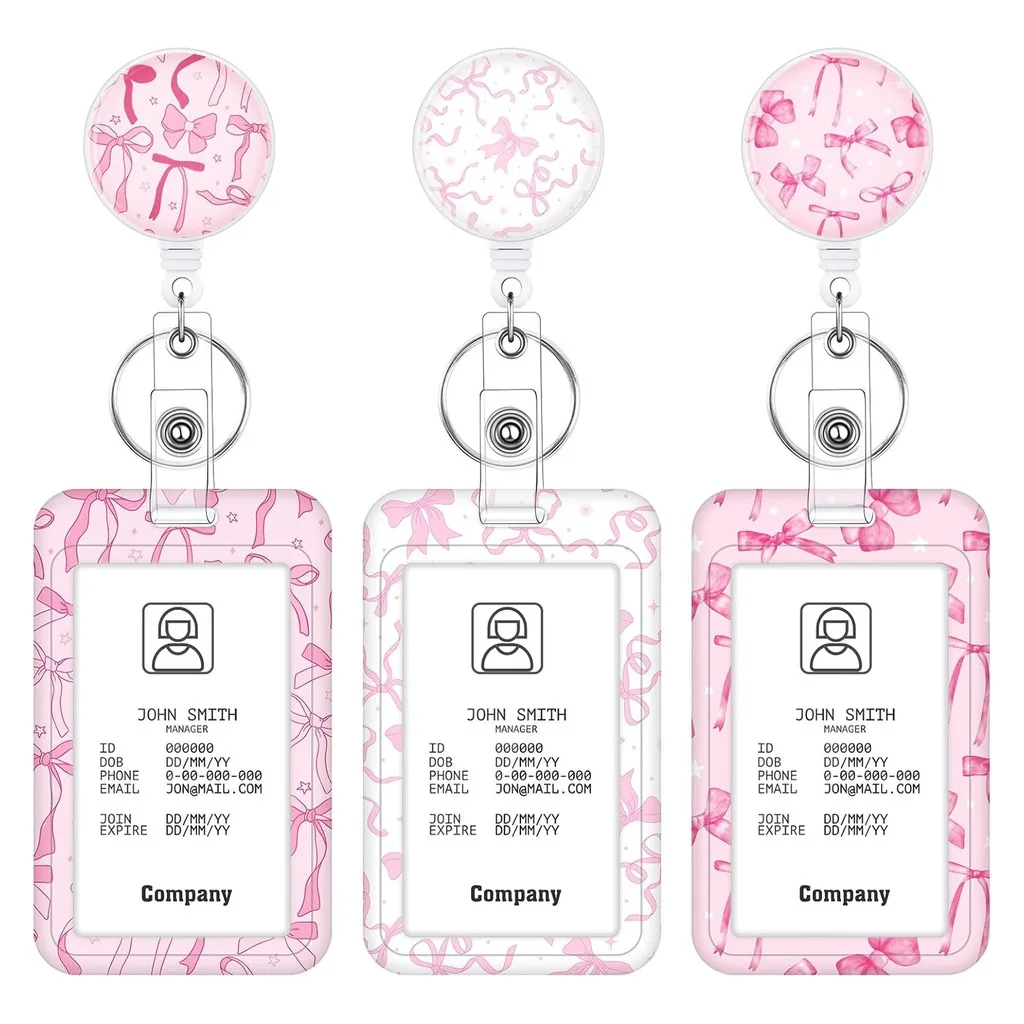 Retractable Pink Bow Abs Badge Reel Holder Name Tag Id Card Holder With Rotatable Clip Keychain For Nurse Doctor Office Staff