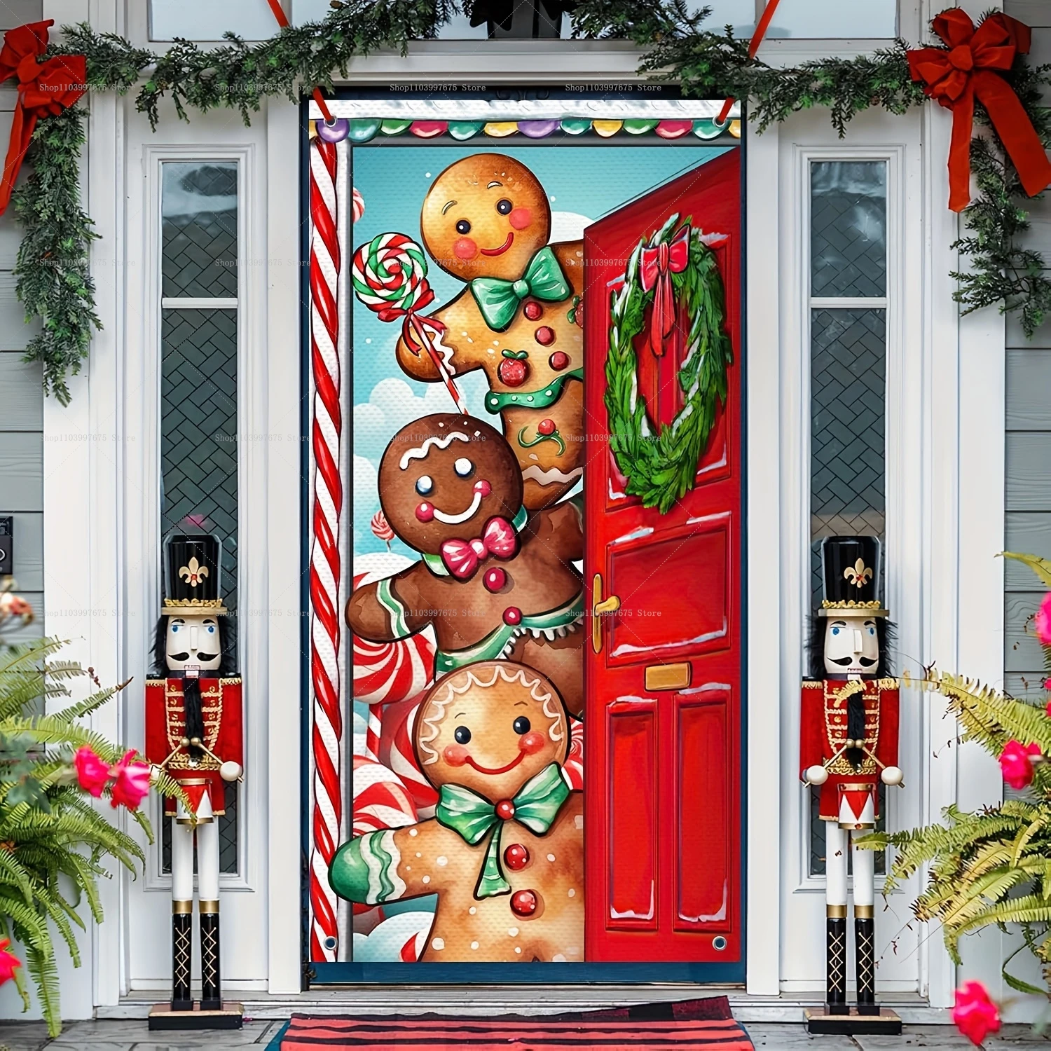 2D Weihnachten Lebkuchenmann Tür Banner Weihnachten Party Dekorationen Fotografie Hintergrund Indoor Outdoor Wand Veranda Hintergrund Dekor