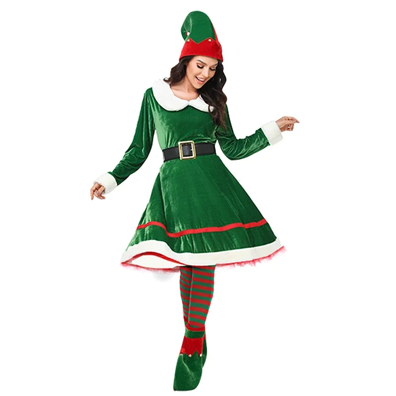 Christmas Elf Costume for WoMen Santa Outfit Flannel Maxi Dress Santa Hat Belt Striped Stockings Shoes Set Cosplay Suit