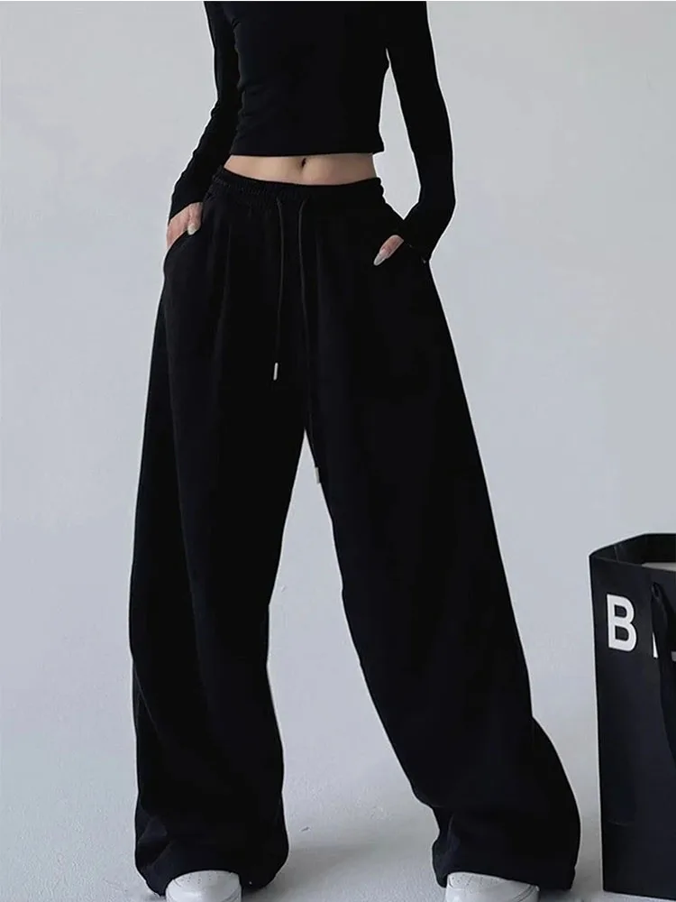 Y2K Harajuku Weite Jogginghose für Damen, Streetwear Baggy Oversize Graue Sporthose mit Hoher Taille und Kordelzug, Lässige Jogger-Hose – Detail 9