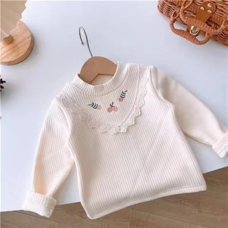 New Baby Girls Velvet T-shirt Kids Flower Bottoming Shirts Long Sleeved Pullover Fall Winter 1 To 6Yrs Children\'s Clothes Casual