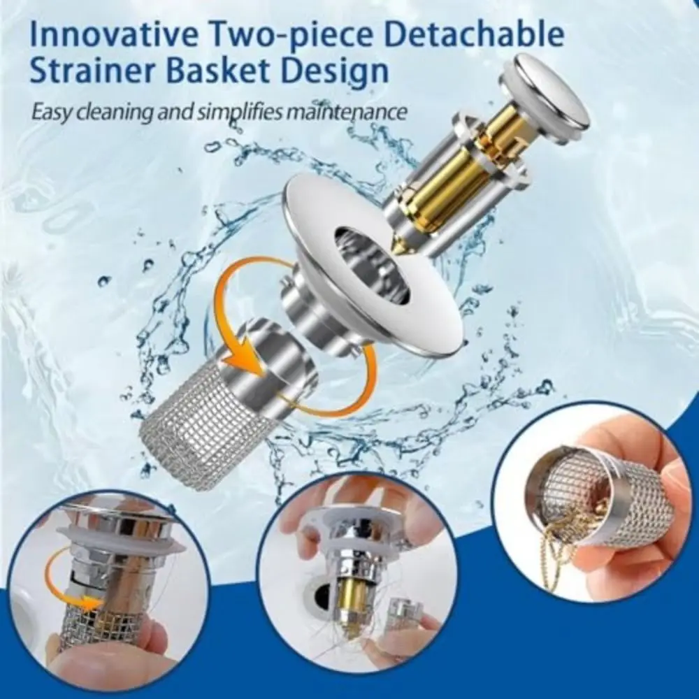 

Stainless Steel Bathroom Sink Drain Strainer Removable Basket Odor Proof Drain Stopper Bouncing Core Universal Fit Hair Catcher