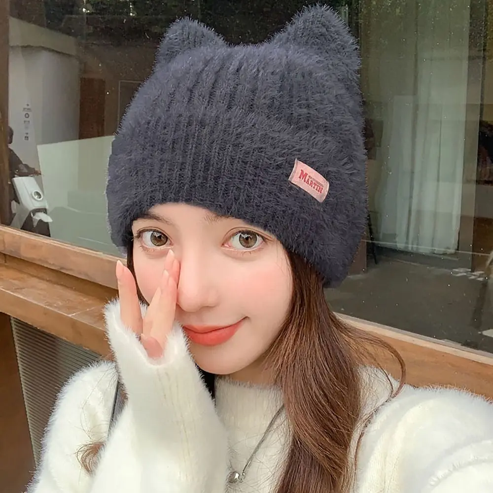 Cat Ear Earflap Women Knitted Hat Cute Candy Color Faux Fur Pullover Cap Kpop Style Winter Hat Women Girls image 4