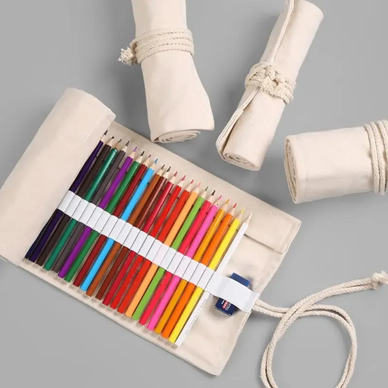 

12/24/36 Holes Canvas School Pencil Case Roll Up Pencil Case for Girls Boys Large Portable Pen Bag Box Stationery Pouch Supplies