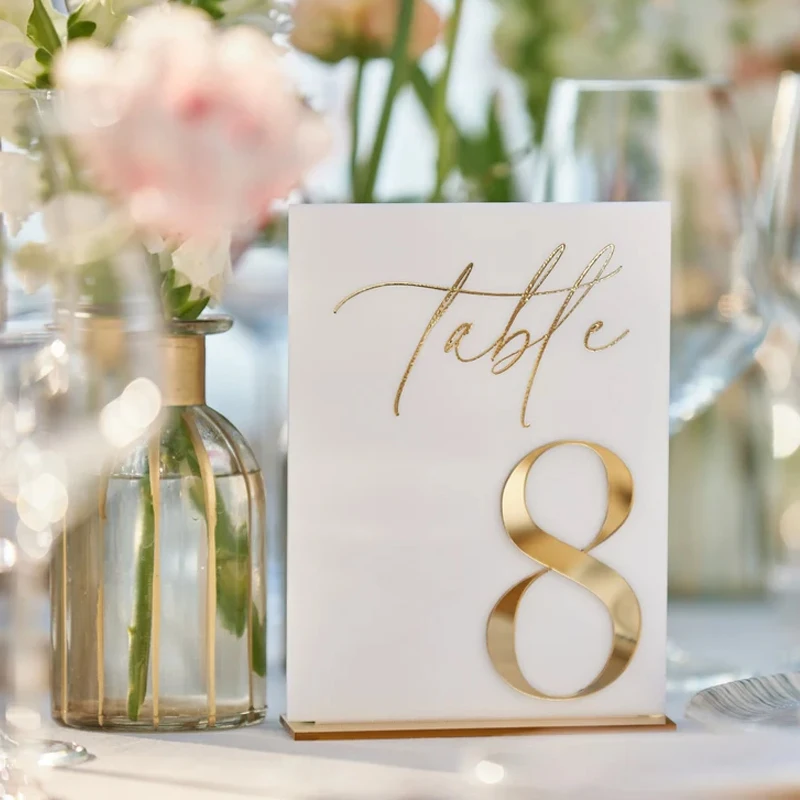 White Acrylic with 3D Gold Mirror Table Numbers,Wedding Table Numbers,Wedding Table Sign with Stand,Table Decor