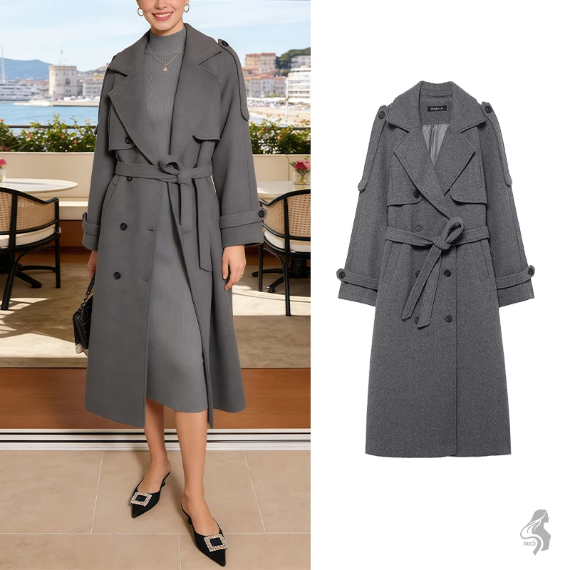 

Women Long Double Breasted Coat With Epaulets Belt And Large Pockets Versatile For Work Business And Dates Woman Clothes Tops