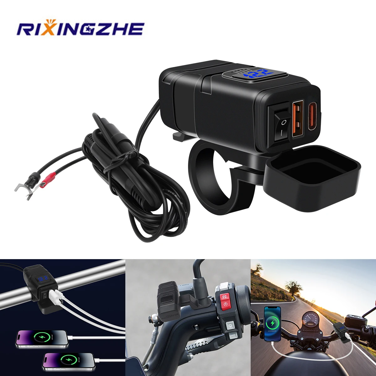 

Motorcycle 12V Fast Charger Dual USB Type-C Port QC3.0 Waterproof Voltmeter Switch Handlebar Mount Phone Power Supply Adapter
