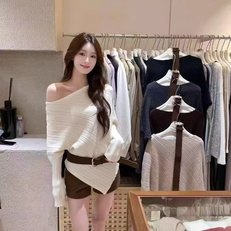 Y2k Korean Fashion Slim Batwing Sleeve Autumn Sweaters 2000s Pure Color Subculture Casual Long Sleeve Vintage Pullovers Sweaters