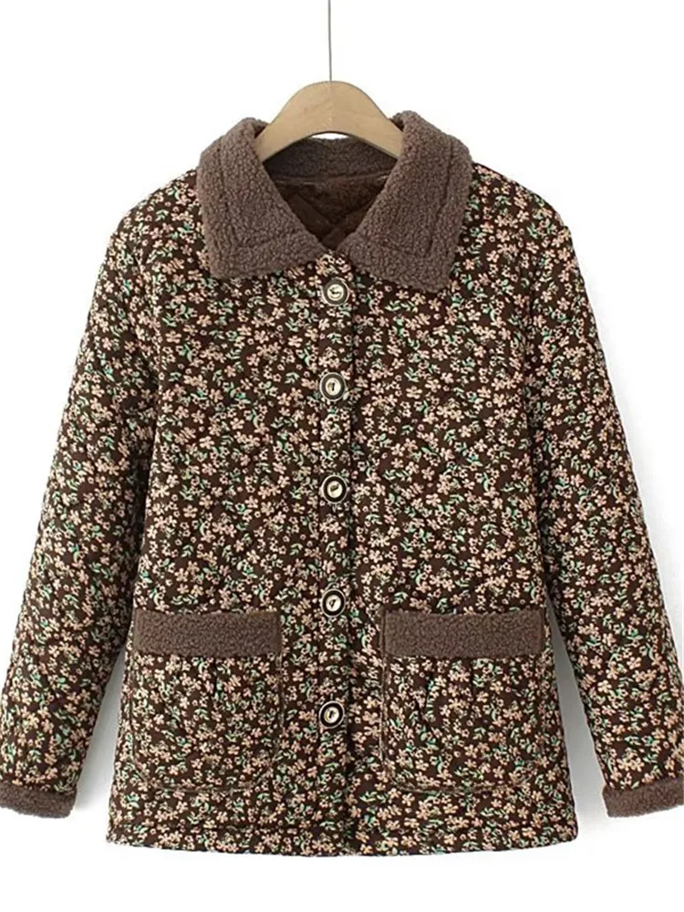 Plus Size Women\'s Clothing Winter Coat Thick Warm Cotton Jacket With Floral Pattern Single Breasted Lapel Inside Is Plush lining