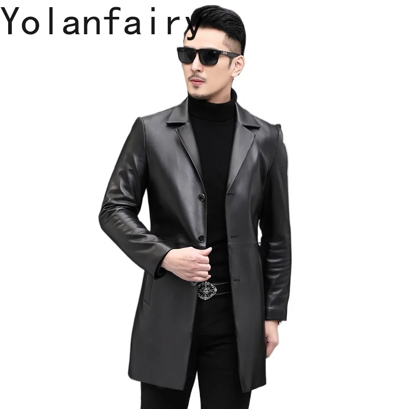 

YOLANFAIRY куртки из 100% натуральной кожи, мужские осенне-зимние верхние слои из овчины, мужская кожаная куртка средней длины, облегающий плащ