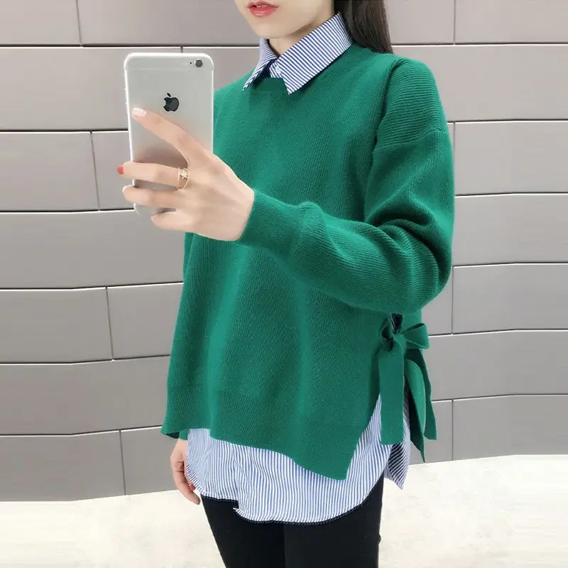 

Two-piece Striped Shirt Versatile Lace-up Knitted Spring and Autumn Loose Suit Base Shirt