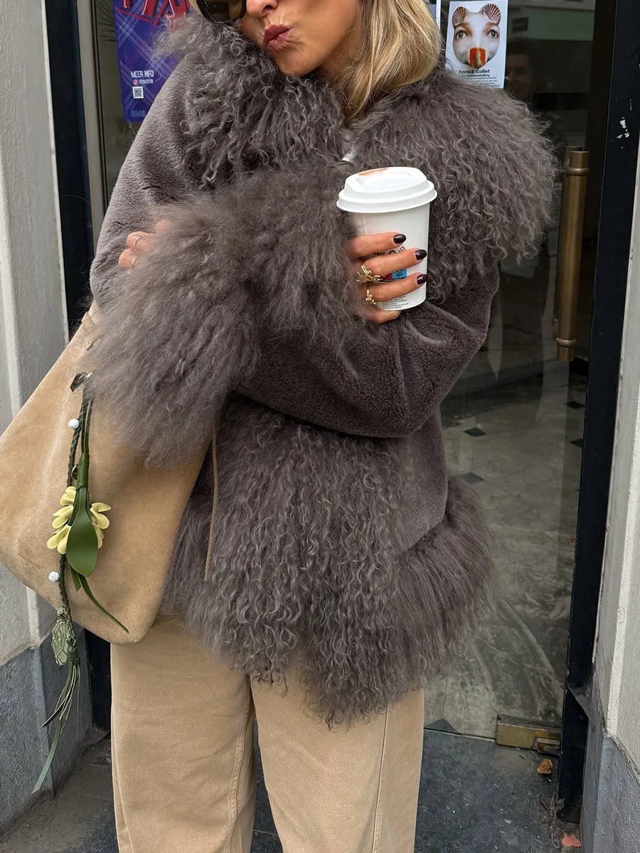 Women Gray Wool Blend Coat With Big Fluffy Faux Fur Collar Cuffs Winter Warm Loose Outerwear