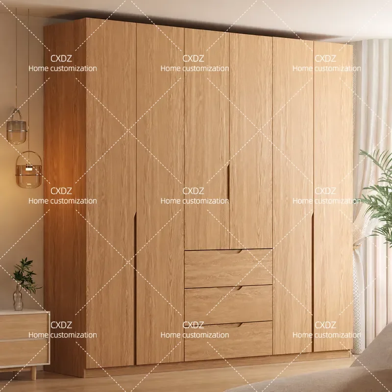 Solid Wood Oak Wardrobe Modern Simple Bedroom Storage Cabinet Log Color Locker Handleless Design for Home and Rental Room