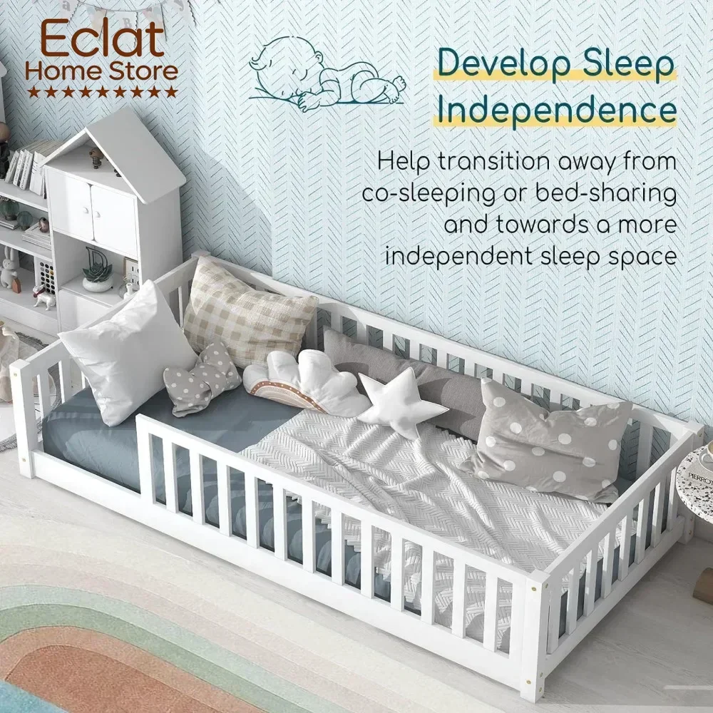 Twin Size Floor Bed for Kids with Safety Guardrails and Door and Slats, Montessori Bed Frame for Kids