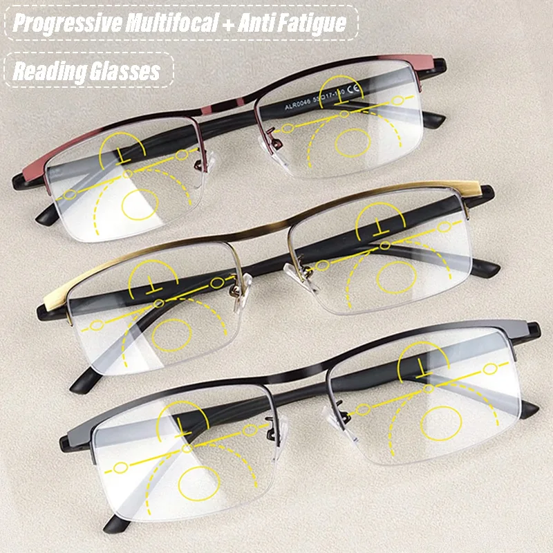 Mehrfarbige Metall-Halbrahmen Progressive Multifokal-Lesebrille für Herren Flexible Bügel Damen HD Anti-Ermüdungs-Brillen