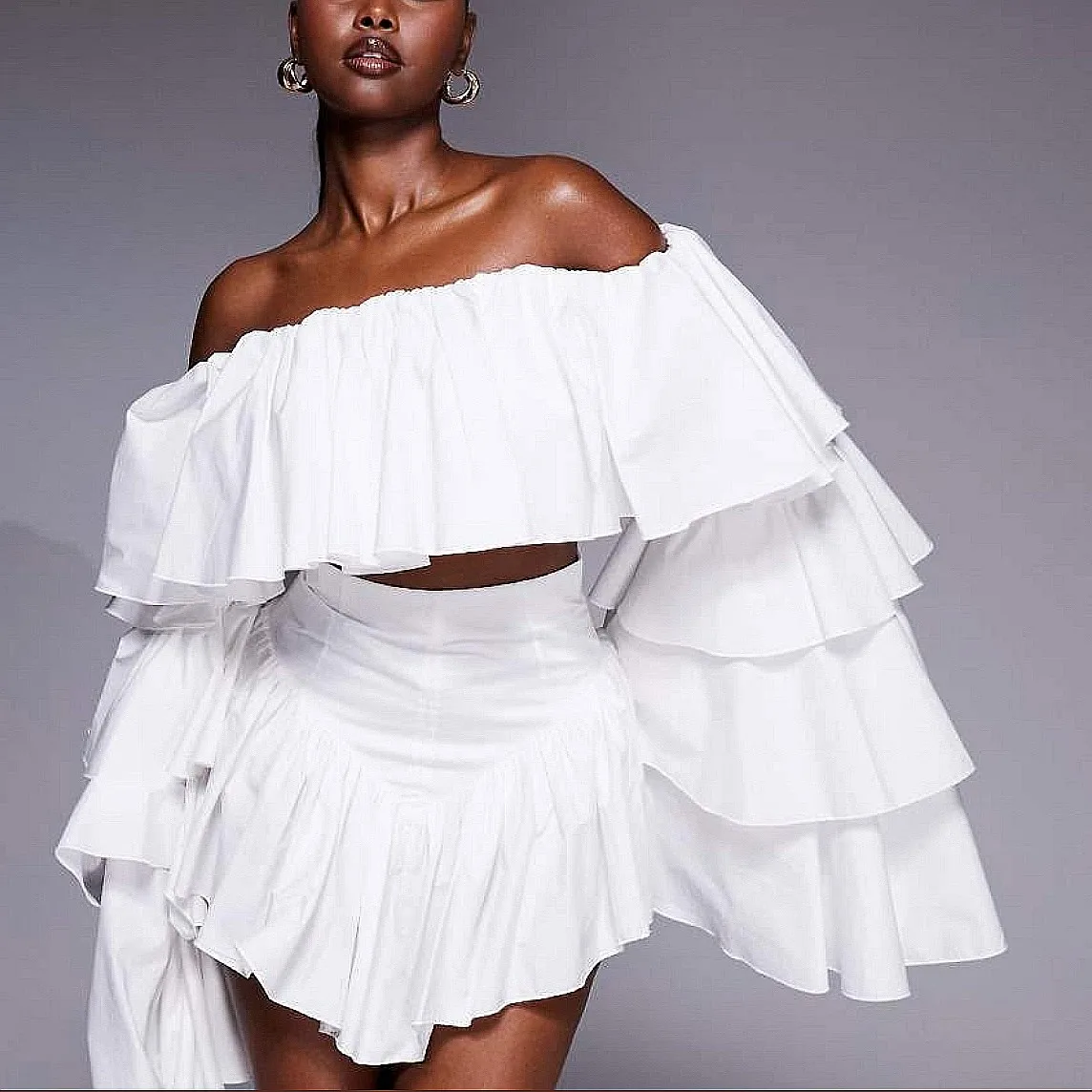 Duas peças roupas femininas fora do ombro em camadas inchado mangas compridas dança wear vestido de aniversário assimétrico meninas conjuntos de festa