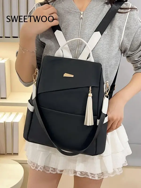 Ladies Fashion Tassel Accent Backpack Two Tone Design Detachable Shoulder Strap Practical Lightweight Daypack