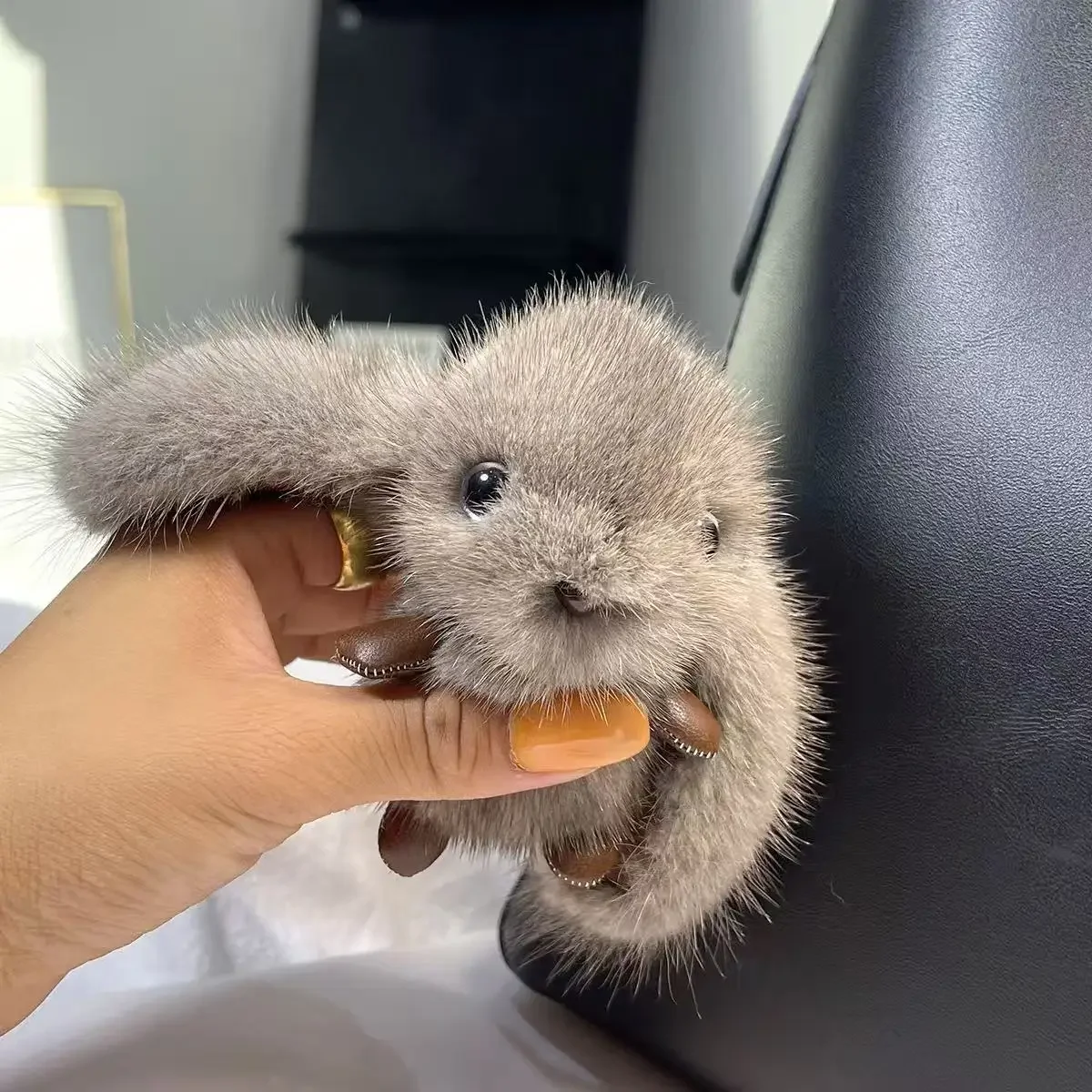 Pastel Brown Fluffy Bunny Keychain with Big Eyes And Plush Ears Playful Car Keyring Plush Charm