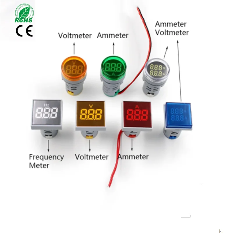 Digital 22mm AC 12-500V Volt 0-100A 20-75HZ Voltmeter Ammeter Amp Current Hertz HZ Voltage Meter LED Indicator Lamp Pilot Light