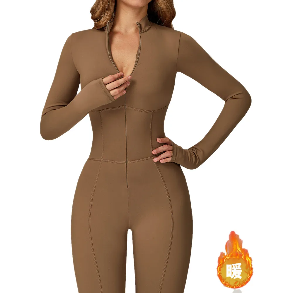Winter Warm Fleece Yoga Jumpsuits Stand Collar Zipper One-Piece Bodysuits Women's Gym Sports Boilersuit Workout Running Overalls