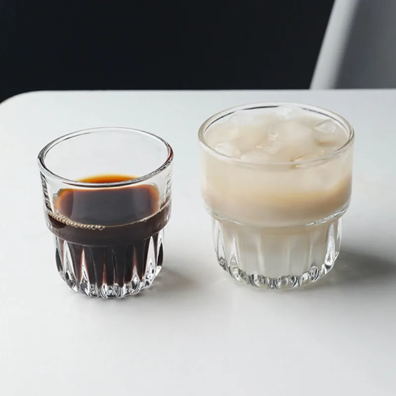 155ml/250ml Glass Coffee Cup Household Collapsible Glass Simple Latte Cup Juice Cup Transparent American Milkshake Striped Cup