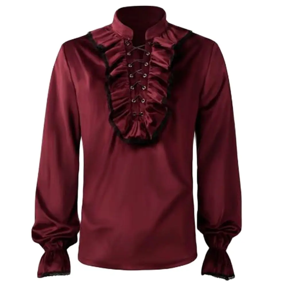 Vintage Men\'s Velvet Ruffle Shirts Medieval Victorian Blouse Long Sleeve Wine Red Lace Trim Steampunk Vampire Halloween Costume