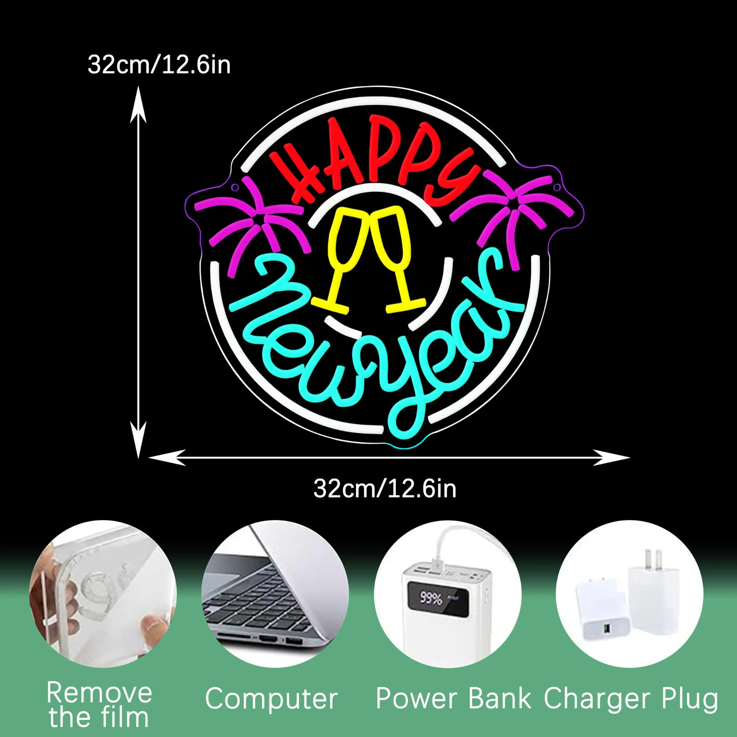 سنة جديدة سعيدة النيون تسجيل عكس الضوء الشمبانيا نظارات الألعاب النارية LED النيون تسجيل جدار ديكور ليلة رأس السنة الجديدة حفلة المنزل بار عطلة #2